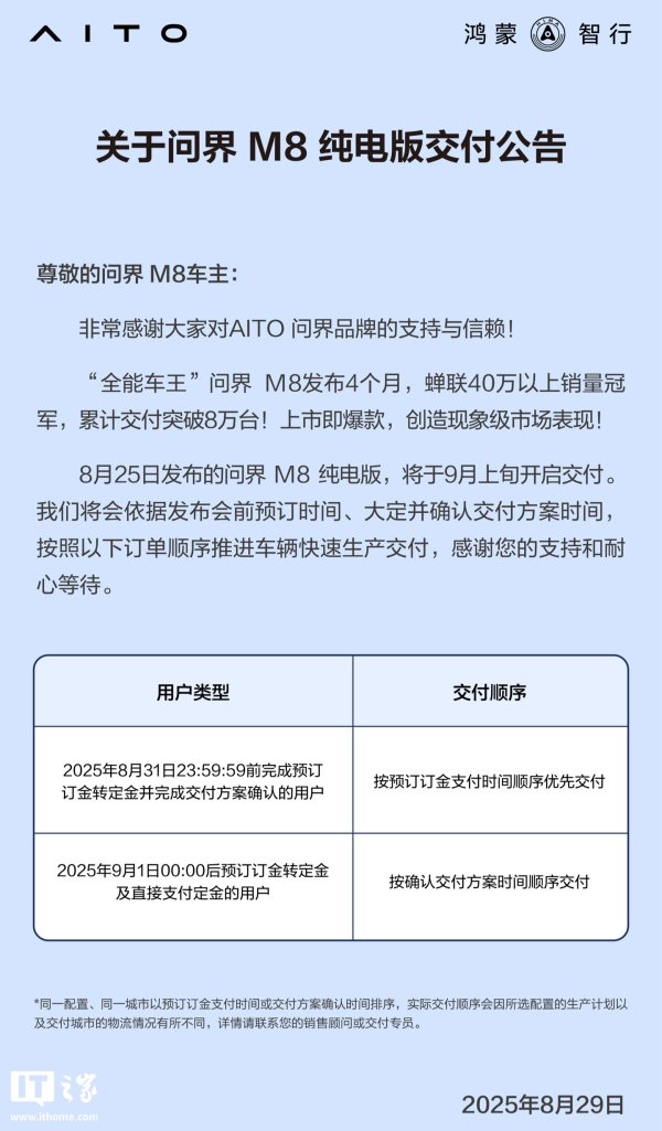 散户配资官方网站 创造现象级市场表现：鸿蒙智行“全能车王”问界 M8 累计交付量破 8 万，纯电版 9 月上旬交付